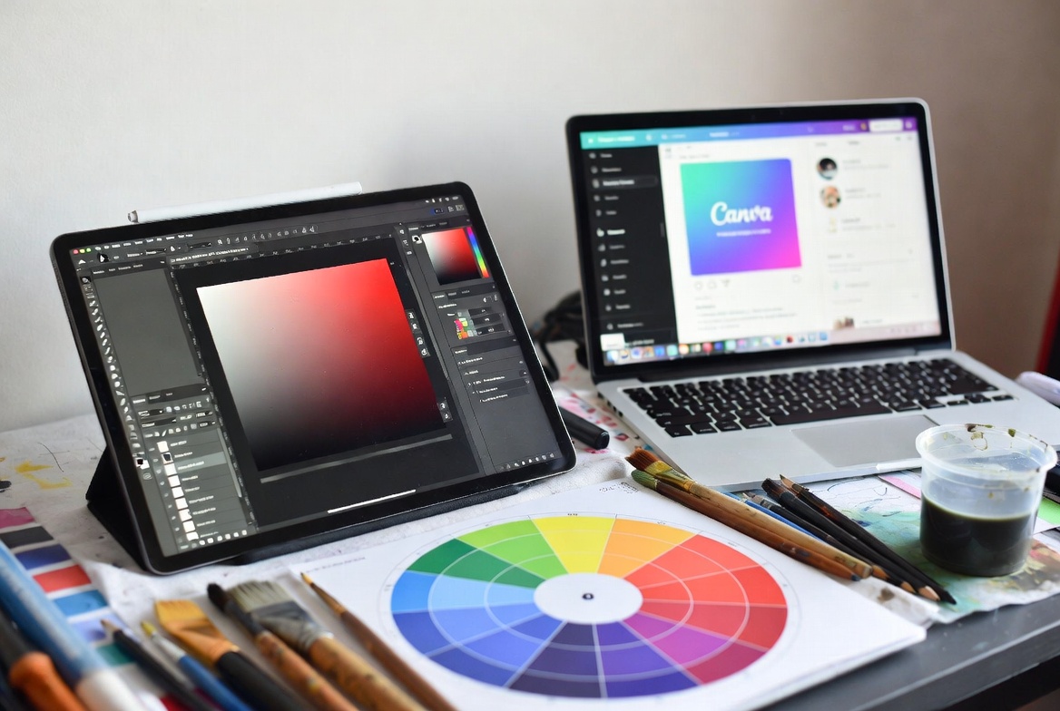 Students learn modern graphic design principles using Canva and Adobe Photoshop to create social media graphics, flyers, brand assets, and marketing visuals.
